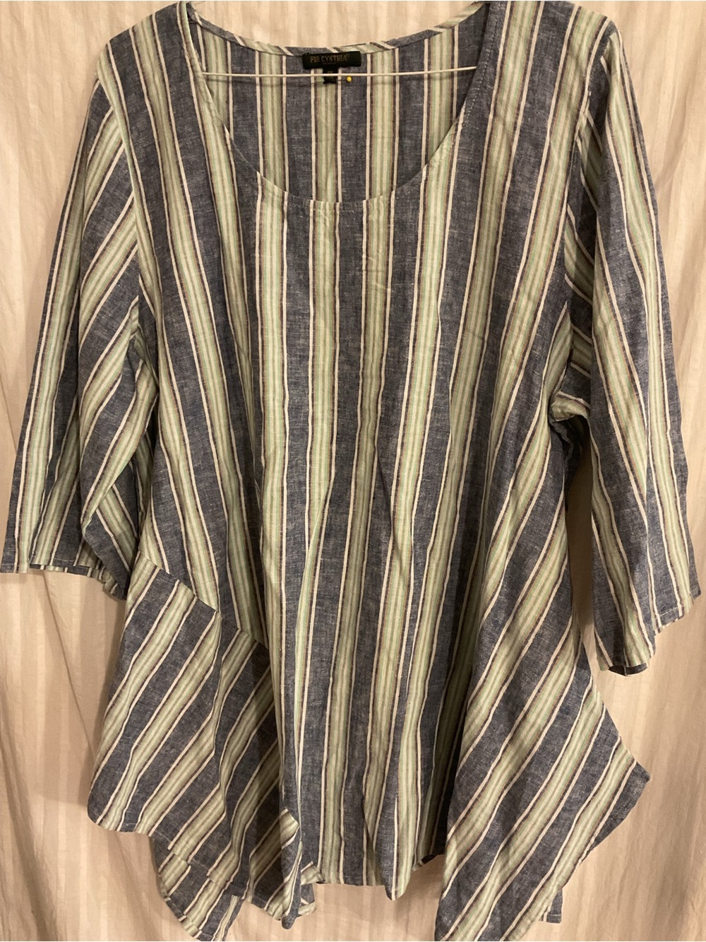 For Cynthia 2X Striped Scoop Neck Tunic Asymmetrical Hem Linen&Cotton